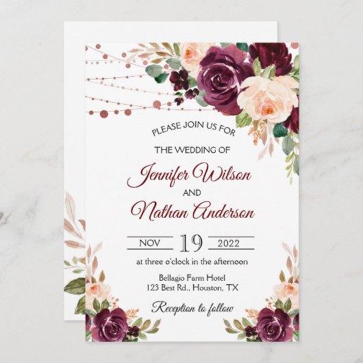 Elegante Script Burgundy Floral Wedding Einladung (Vorne/Hinten)