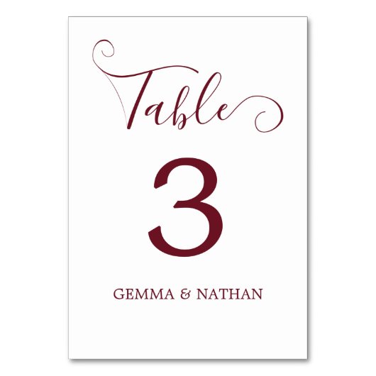 Elegante Script Burgundy Wedding Tischnummer Card (Vorderseite)