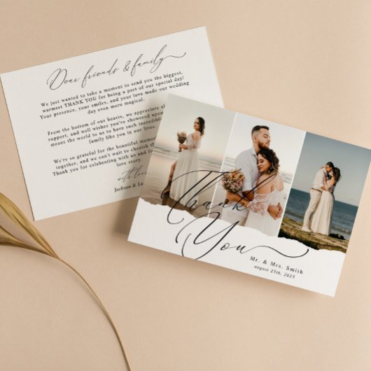 Elegante Script Calligraphy 3 Foto Collage Wedding Dankeskarte