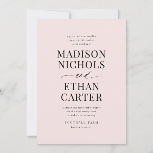 Elegante Script Calligraphy Blush Pink Wedding Einladung (Vorderseite)