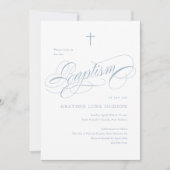 Elegante Script Calligraphy Dusty Blue Boys Taufe Einladung (Vorderseite)