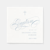 Elegante Script Calligraphy Dusty Blue Boys Taufe Serviette (Vorderseite)