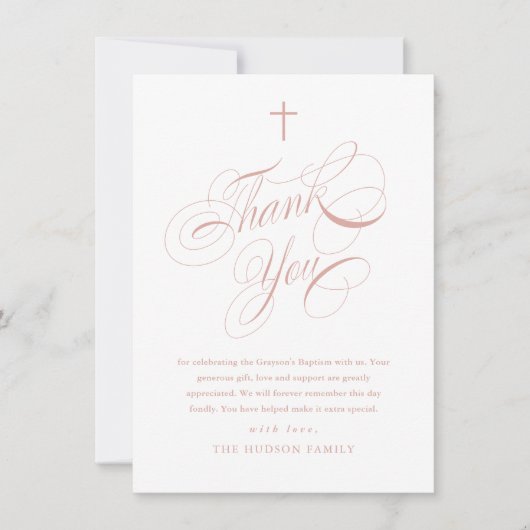 Elegante Script Calligraphy Pink Girls Taufe Dankeskarte (Vorderseite)