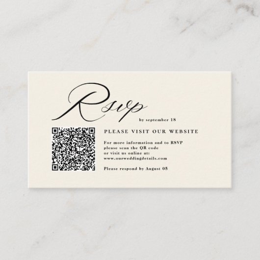 Elegante Script Calligraphy & QR Code Wedding RSVP Begleitkarte (Vorderseite)