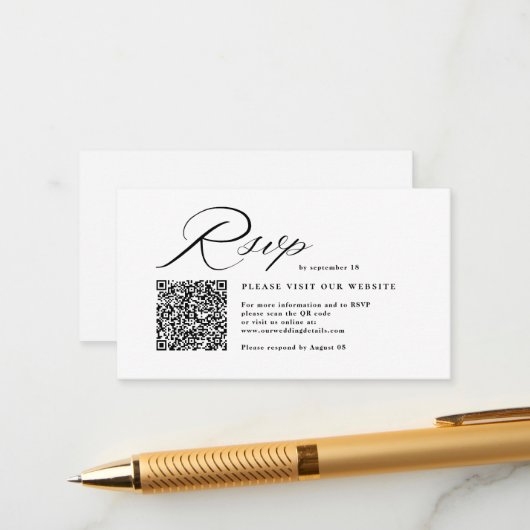 Elegante Script Calligraphy & QR Code Wedding RSVP Begleitkarte (Vorderseite/Rückseite Beispiel)