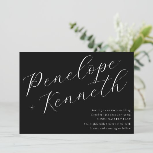 Elegante Script Calligraphy Stilvolle Hochzeit Sch Einladung (Stehend Vorderseite)