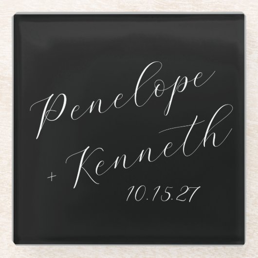 Elegante Script Calligraphy Wedding Custom Black Glasuntersetzer (Vorderseite)