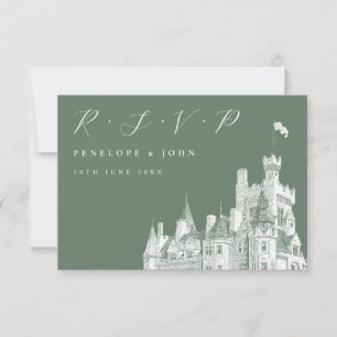 Elegante Script Castle Sage Green Wedding RSVP Karte