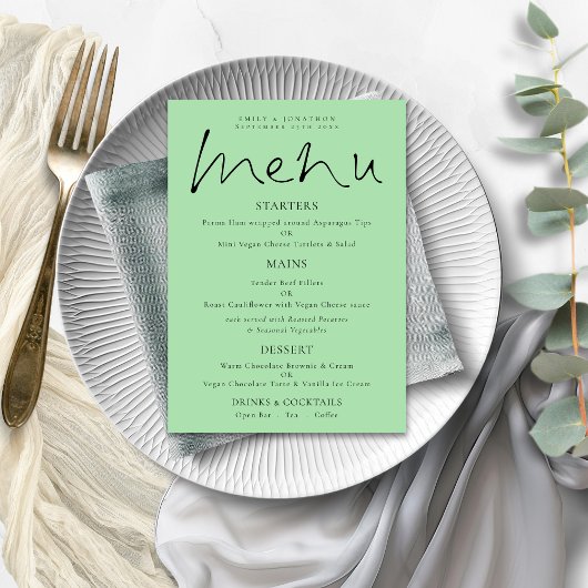 Elegante Script Celadon Green Wedding Menu Card Einladung