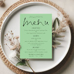 Elegante Script Celadon Green Wedding Menu Card Einladung<br><div class="desc">Elegantes Script Celadon Green Wedding Menu Card mit einem stilvollen Set-Skript für das Header Menu. Personalisieren Sie einfach die Erholung des Textes auf Ihre eigenen Details, die Alternativen für Ihre veganen oder vegetarischen Optionen beinhaltet. Sie können auch Textstile und -farben sowie die Hintergrundfarben ändern, indem Sie die Option Weitere Einstellungen...</div>