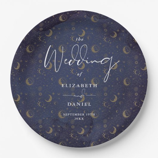 Elegante Script Celestial Stars and Moons Wedding Pappteller (Vorderseite)