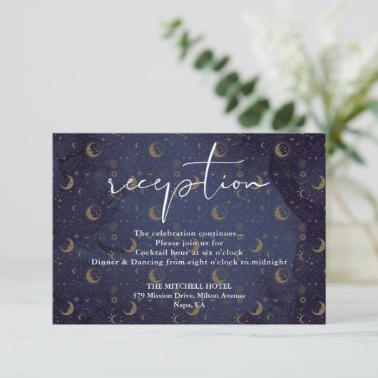 Elegante Script Celestial Wedding Reception Begleitkarte (Stehend Vorderseite)