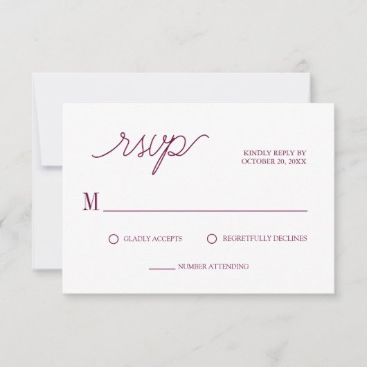 Elegante Script Chic Burgundy Minimale Hochzeit RSVP Karte (Vorderseite)