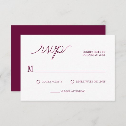 Elegante Script Chic Burgundy Minimale Hochzeit RSVP Karte (Vorne/Hinten)