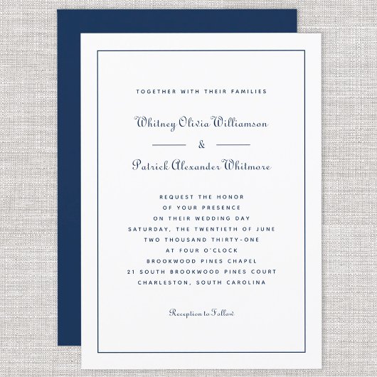 Elegante Script Classic Navy Weiße Hochzeiten Einladung