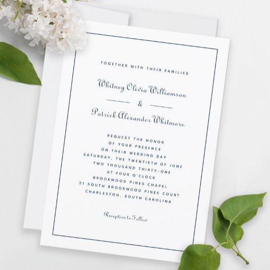 Elegante Script Classic Navy Weiße Hochzeiten Einladung
