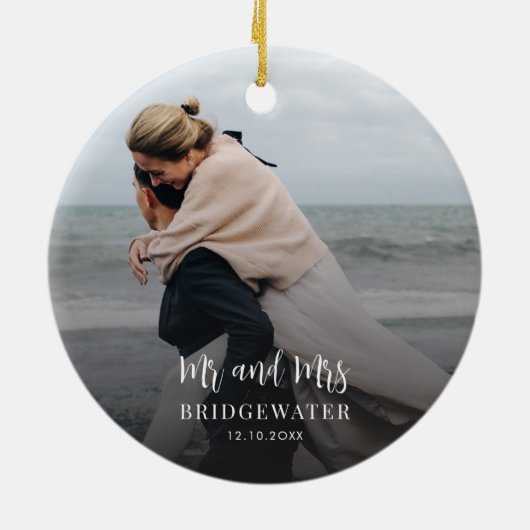 Elegante Script Couples Foto Minimalistisch Weihna Keramik Ornament (Hinten)