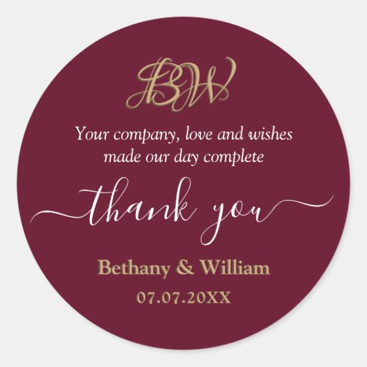 Elegante Script Couples Monogram Vielen Dank Runder Aufkleber (Vorderseite)
