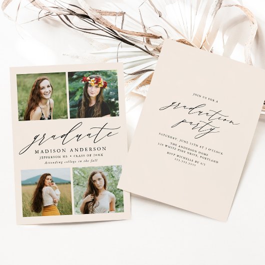 Elegante Script Cream 4 Foto Graduation Party Einladung