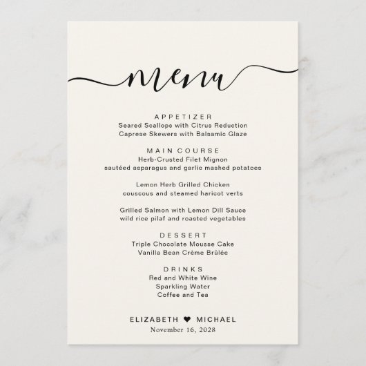 Elegante Script Cream Wedding Reception Menükarte (Vorderseite)