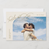 Elegante Script Creme-Rahmen-Foto Save The Date (Vorderseite)