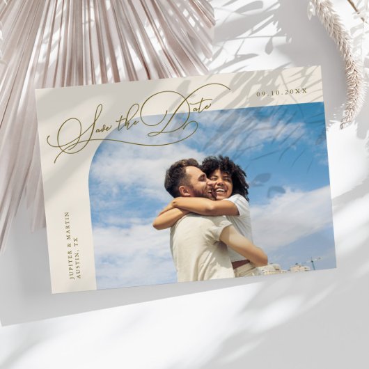 Elegante Script Creme-Rahmen-Foto Save The Date
