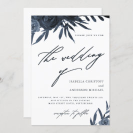 Elegante Script Dark Blue Floral Wedding Einladung