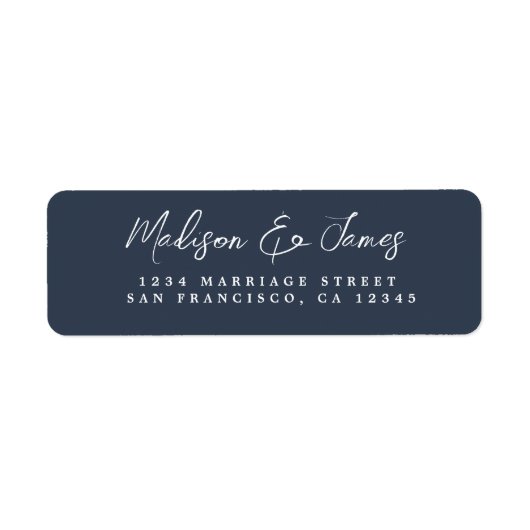 Elegante Script Dark Blue Wedding Rücksendeadresse (Vorne)