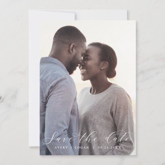 Elegante Script Dark Foto Template Save the Date (Vorderseite)