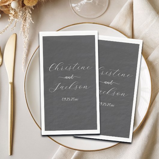 Elegante Script dunkelgraue Hochzeit Serviette