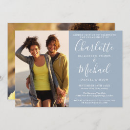 Elegante Script Dusty Blue 2 Foto Engagement Party Einladung