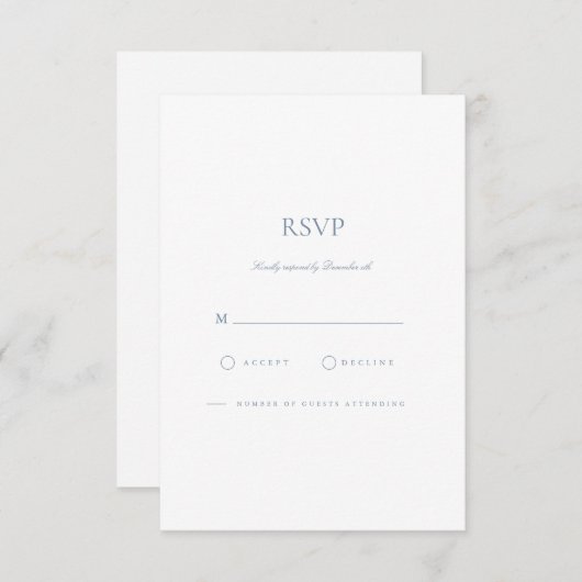 Elegante Script Dusty Blue & White RSVP Card (Vorne/Hinten)