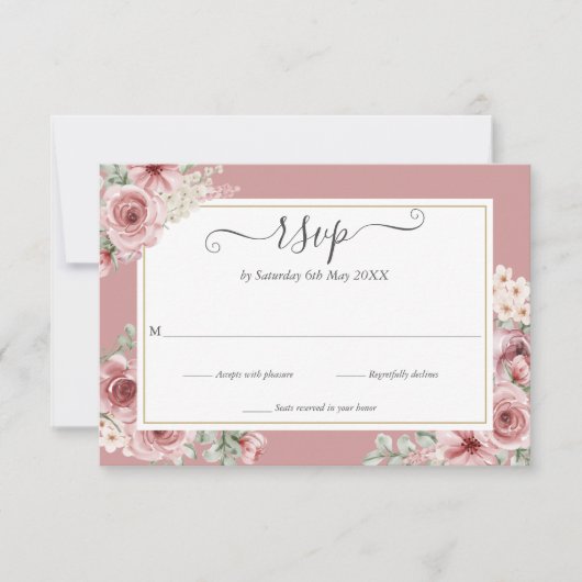 Elegante Script Dusty Rose Floral Wedding RSVP Karte (Vorderseite)