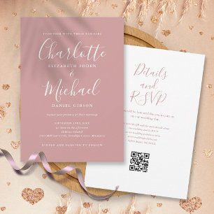 Elegante Script Dusty Rose Moderne QR Code Hochzei Einladung