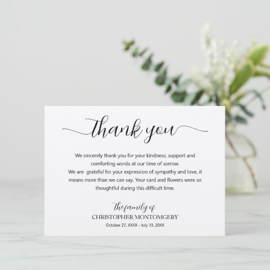 Elegante Script Ecru Beerdigung Dankeskarte (Stehend Vorderseite)