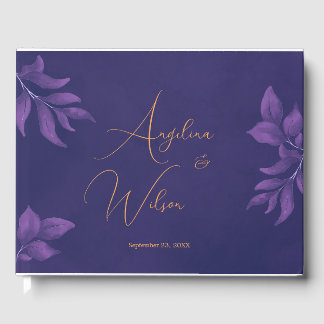 Elegante Script Emerald Lila und Gold Wedding Gästebuch