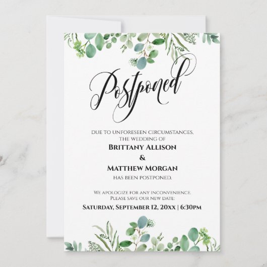 Elegante Script Eucalyptus Postponed Wedding Card Einladung (Vorderseite)
