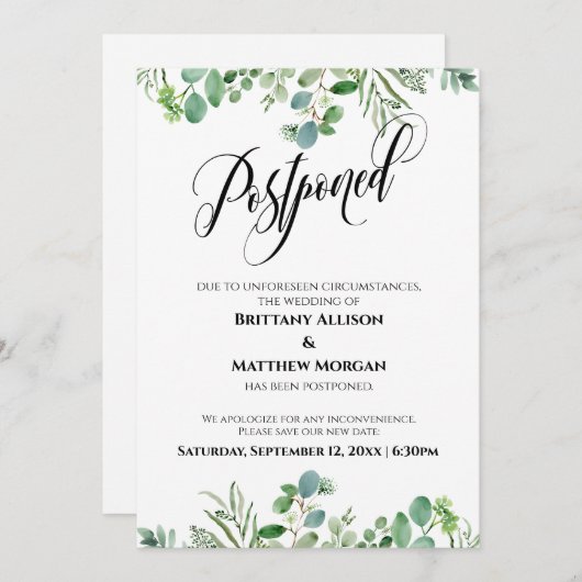 Elegante Script Eucalyptus Postponed Wedding Card Einladung (Vorne/Hinten)