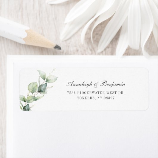 Elegante Script Eucalyptus Wedding Rücksendeadress (Insitu)