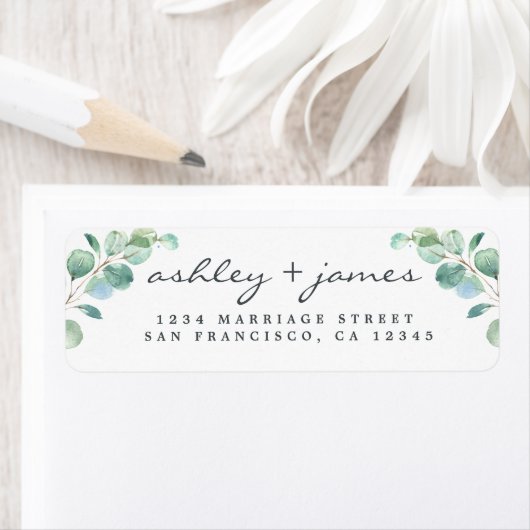Elegante Script Eucalyptus Wedding Rücksendeadress (Insitu)
