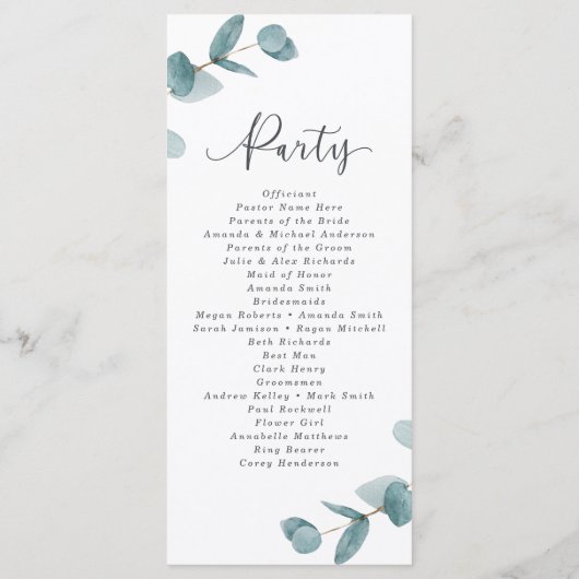 Elegante Script Eucalyptus Wedding Zeremony Programm (Rückseite)