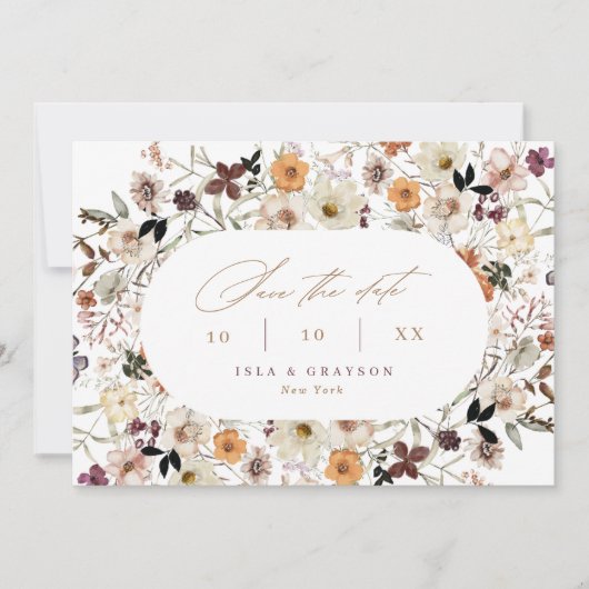 Elegante Script Fall Wildblumen QR Code Hochzeit Save The Date (Vorderseite)
