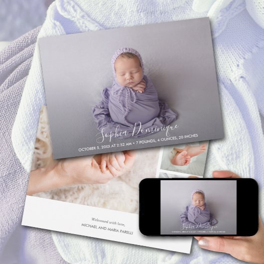 Elegante Script Foto Collage Birth Ankündigung