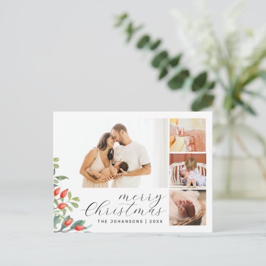 Elegante Script Foto Collage Botancal Weihnachten (Stehend Vorderseite)