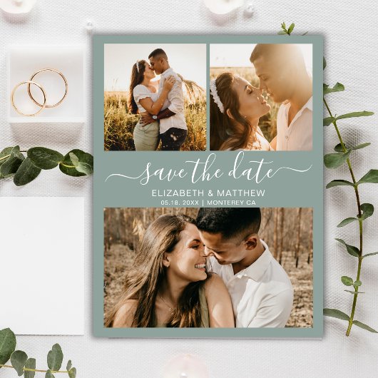 Elegante Script Foto Collage Sage Green Wedding Save The Date