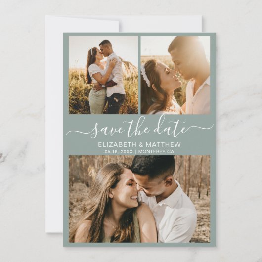 Elegante Script Foto Collage Sage Green Wedding Save The Date (Vorderseite)