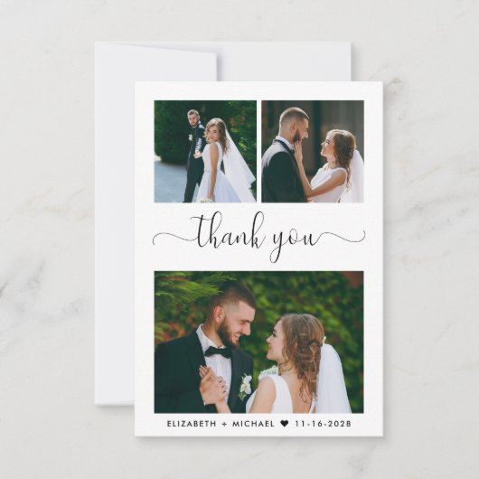 Elegante Script Foto Collage Wedding Dankeskarte (Vorderseite)
