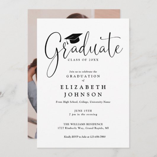 Elegante Script Foto Graduation Party Einladung (Vorne/Hinten)