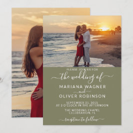 Elegante Script Foto Sage Green Wedding Einladung