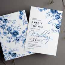 Elegante Script French Blue Floral Toile Hochzeit